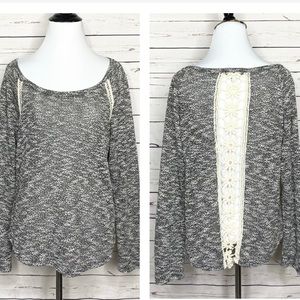 Heather Gray Crochet Lace Sheer Back Lightweight Sweater Top Size Large Boho